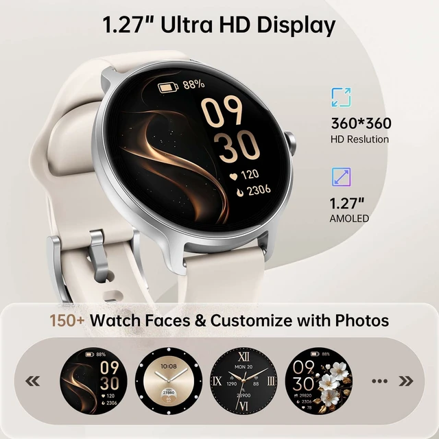 Alt view image 7 of 7 - Smart Watch for Women, 1.27" AMOLED Screen Smartwatch with Answer/Make Call for iPhone/Android/Samsung, Fitness Tracker with 120+ Sport Modes, Heart Rate/Sleep/Health Monitor, IP68 Waterproof, 2 Bands