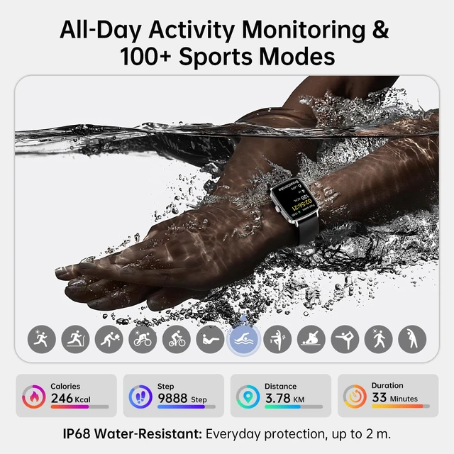 Alt view image 5 of 7 - Smart Watch for Men, 1.85" HD Fitness Tracker with Bluetooth Calls 110+ Sport Modes, Heart Rate/Sleep/Stress, IP68 Waterproof Sport Watch, 7-10 Day Battery, Android/iPhone, 2 Bands, Black