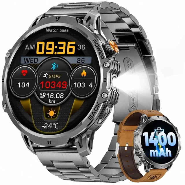 Main image of Military Smart Watches for Men(2 Bands), 1400mAh/1.85" HD Large Screen 110+ Sports Modes/Flashlight/IP68 Waterproof/Sleep Monitor Smartwatch, Fitness Tracker Watch for Android iOS,Brown