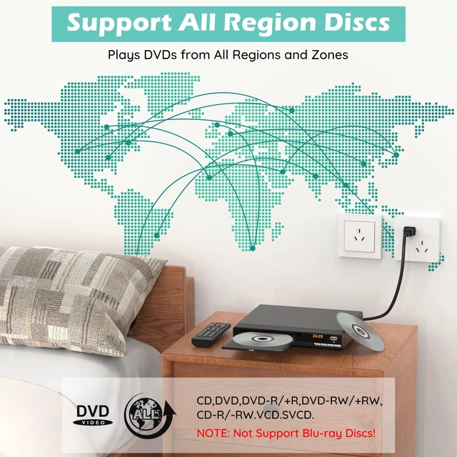 Alt view image 2 of 7 - DVD Players for TV with HDMI,Plays All Regions and Formats,CD Players for Home,Support 1080P Video/CD/DVD/VCD/JPEG/USB, Remote, HDMI and RCA Cables Included (2026 New Model)