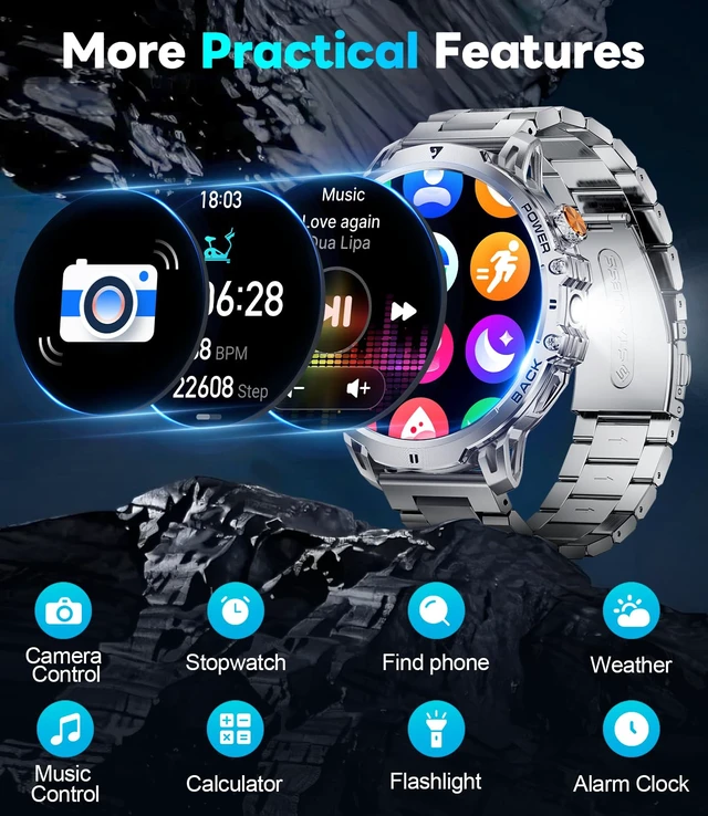 Alt view image 5 of 7 - Military Smart Watches for Men(2 Bands), 1400mAh/1.85" HD Large Screen Flashlight/110+ Sports Modes/IP68 Waterproof/Sleep Monitor Smartwatch, Fitness Tracker Watch for Android iOS,Silver