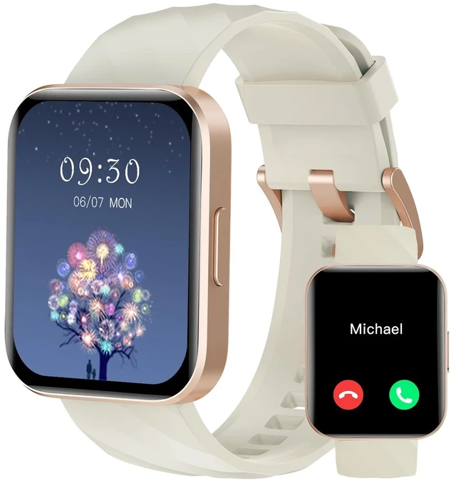 Main image of Smart Watch for Men Women, Bluetooth Call, Fitness Tracker Off-White for iPhone/Android Phones, 1.85" HD, Heart Rate Monitor Sleep Tracker, Step Calories Counter, 100+ Sports Types, Waterproof