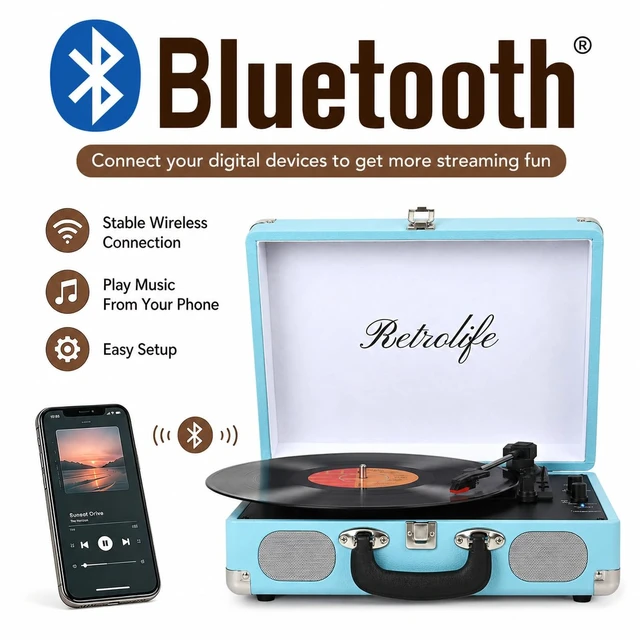 Alt view image 2 of 7 - ® Record Player 3-Speed Bluetooth Portable Turntable-Sky Blue Belt-Driven with Built-in Speakers, Wireless Bluetooth Input, RCA Out AUX In Headphone Jack, Auto-Stop, Gift for Music Lovers