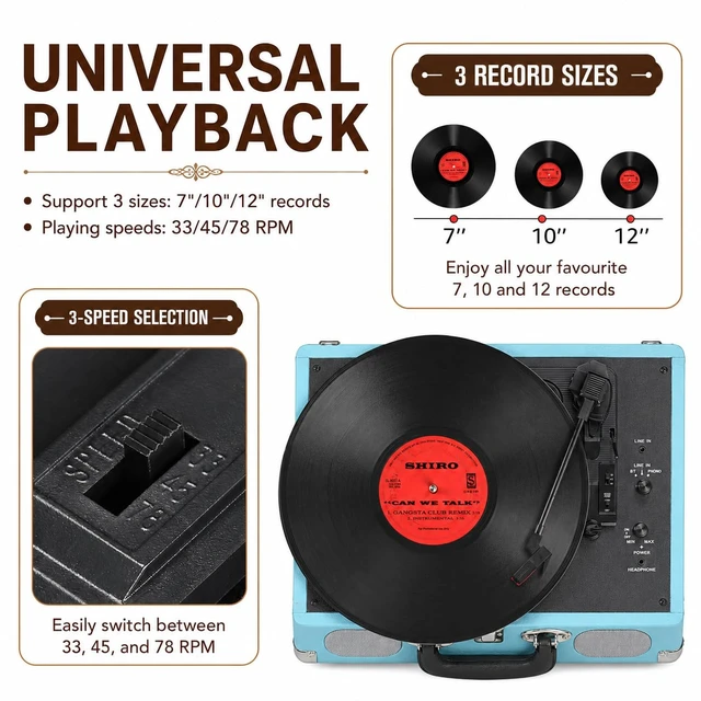 Alt view image 3 of 7 - ® Record Player 3-Speed Bluetooth Portable Turntable-Sky Blue Belt-Driven with Built-in Speakers, Wireless Bluetooth Input, RCA Out AUX In Headphone Jack, Auto-Stop, Gift for Music Lovers