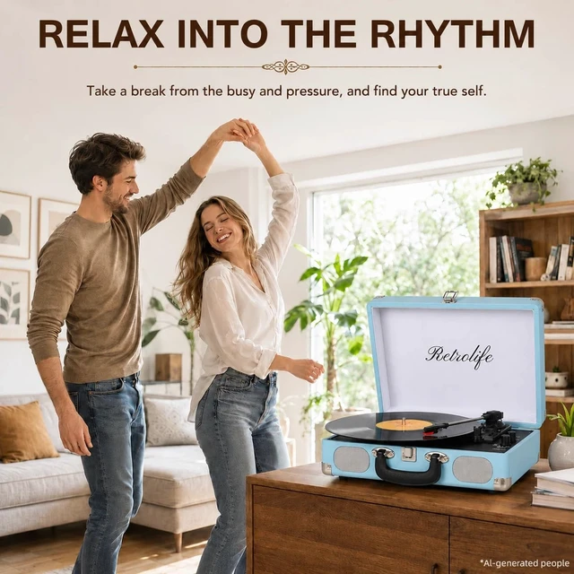 Alt view image 6 of 7 - ® Record Player 3-Speed Bluetooth Portable Turntable-Sky Blue Belt-Driven with Built-in Speakers, Wireless Bluetooth Input, RCA Out AUX In Headphone Jack, Auto-Stop, Gift for Music Lovers