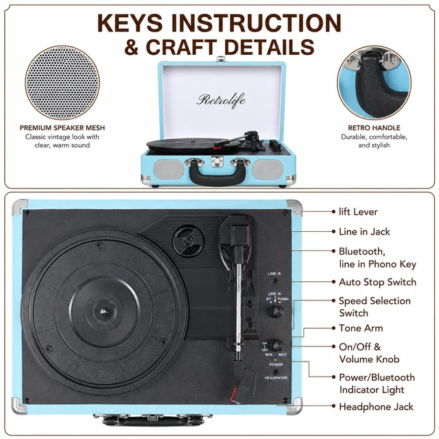Alt view image 5 of 7 - ® Record Player 3-Speed Bluetooth Portable Turntable-Sky Blue Belt-Driven with Built-in Speakers, Wireless Bluetooth Input, RCA Out AUX In Headphone Jack, Auto-Stop, Gift for Music Lovers