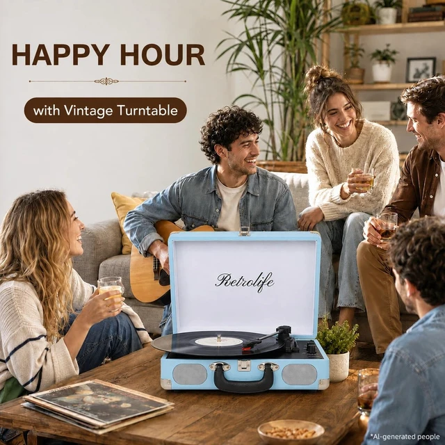 Alt view image 7 of 7 - ® Record Player 3-Speed Bluetooth Portable Turntable-Sky Blue Belt-Driven with Built-in Speakers, Wireless Bluetooth Input, RCA Out AUX In Headphone Jack, Auto-Stop, Gift for Music Lovers
