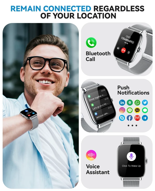 Alt view image 2 of 6 - Smart Watch for Women Men- Answer/Make Call, IP68 Waterproof Fitness Tracker with Sleep Monitor,Smartwatch for Andriod iPhone Compatible (Silver Case w/Starlight & Siliver Milanese Band, 1.91)