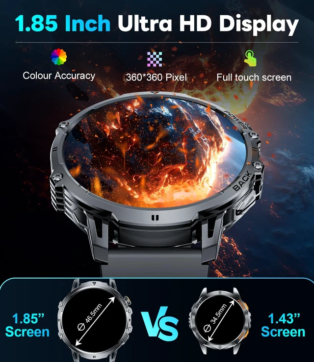 Alt view image 6 of 7 - Military Smart Watches for Men(3 Bands),1400mAh/1.85" HD Large Screen Smartwatch, Flashlight/110+ Sports Modes/IP68 Waterproof/Sleep Monitor, Fitness Tracker Watch for Android iOS,Jet Black
