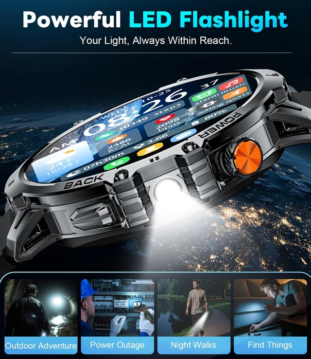 Alt view image 7 of 7 - Military Smart Watches for Men(3 Bands),1400mAh/1.85" HD Large Screen Smartwatch, Flashlight/110+ Sports Modes/IP68 Waterproof/Sleep Monitor, Fitness Tracker Watch for Android iOS,Jet Black