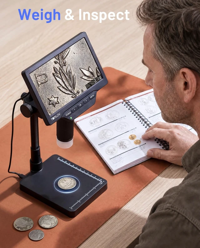 Alt view image 2 of 7 - Coin Microscope with Weighing Scale, 7" Digital Magnifier DM4W Max 2K Full View Coin Scope, 0.1g Accuracy, LED Lights, Weight Scale for Coin Collectors, Jeweler, Students, Win/Mac Compatible
