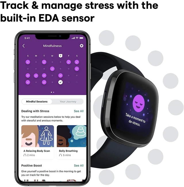 Alt view image 3 of 7 - Sense Health & Fitness Smartwatch W/GPS, Bluetooth Call/Text, Heart Rate SpO2, ECG, Skin Temperature & Stress Sensing (S & L Bands, 90 Day Premium Included) International Version (Graphite)