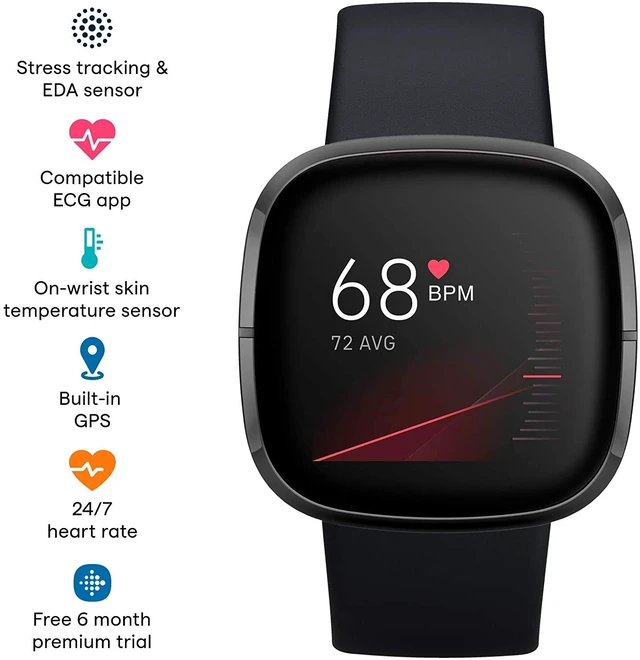 Alt view image 2 of 7 - Sense Health & Fitness Smartwatch W/GPS, Bluetooth Call/Text, Heart Rate SpO2, ECG, Skin Temperature & Stress Sensing (S & L Bands, 90 Day Premium Included) International Version (Graphite)