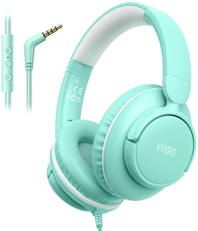 Main image of Headphones Wired with Mic,3.5mm Plug Headphones for School Green Over Ear Foldable Wired Headphones for Audlt Teens Classroom Travel Airplane, 4.9ft Tangle-Free Cord for Tablet Laptop Phone