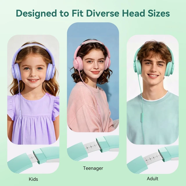 Alt view image 3 of 7 - Headphones Wired with Mic,3.5mm Plug Headphones for School Green Over Ear Foldable Wired Headphones for Audlt Teens Classroom Travel Airplane, 4.9ft Tangle-Free Cord for Tablet Laptop Phone