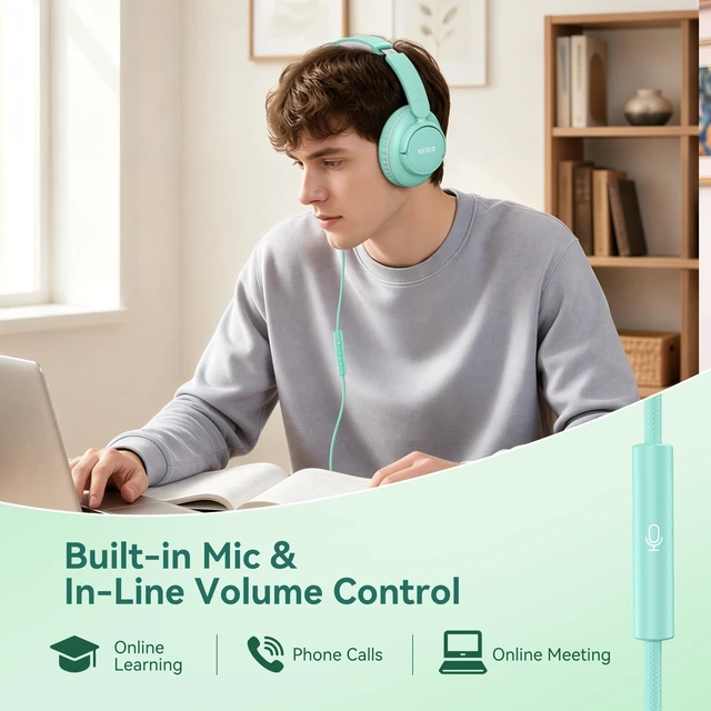 Alt view image 2 of 7 - Headphones Wired with Mic,3.5mm Plug Headphones for School Green Over Ear Foldable Wired Headphones for Audlt Teens Classroom Travel Airplane, 4.9ft Tangle-Free Cord for Tablet Laptop Phone