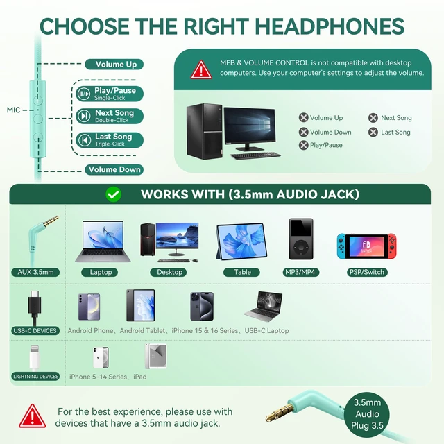 Alt view image 6 of 7 - Headphones Wired with Mic,3.5mm Plug Headphones for School Green Over Ear Foldable Wired Headphones for Audlt Teens Classroom Travel Airplane, 4.9ft Tangle-Free Cord for Tablet Laptop Phone