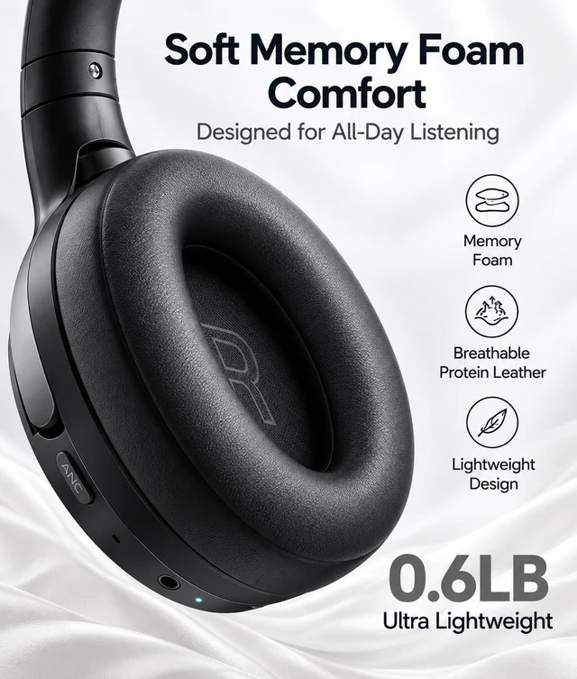 Alt view image 5 of 7 - Hybrid Active Noise Cancelling Bluetooth 6.0 Headphones 120H Long Playtime, 6 ENC Mic, Over Ear Headphones Wireless, Hi-Res Audio, Memory Foam Earcup, Transparency Mode ANC Headphone for Travel Office
