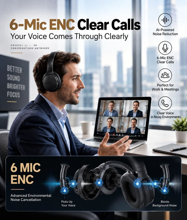 Alt view image 7 of 7 - Hybrid Active Noise Cancelling Bluetooth 6.0 Headphones 120H Long Playtime, 6 ENC Mic, Over Ear Headphones Wireless, Hi-Res Audio, Memory Foam Earcup, Transparency Mode ANC Headphone for Travel Office