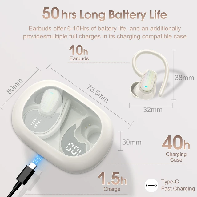 Alt view image 6 of 7 - Wireless Earbuds Bluetooth 5.4, 50H Playtime Sport Earphones with Earhooks HiFi Stereo Bluetooth Hearphones with ENC Noise Cancelling Mic, IPX7 Waterproof Over the Ear Buds, White