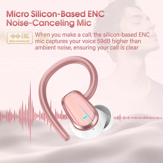 Alt view image 4 of 7 - Wireless Earbuds Bluetooth 5.4, 50H Playtime Sport Earphones with Earhooks HiFi Stereo Bluetooth Hearphones with ENC Noise Cancelling Mic, IPX7 Waterproof Over the Ear Buds, Rose