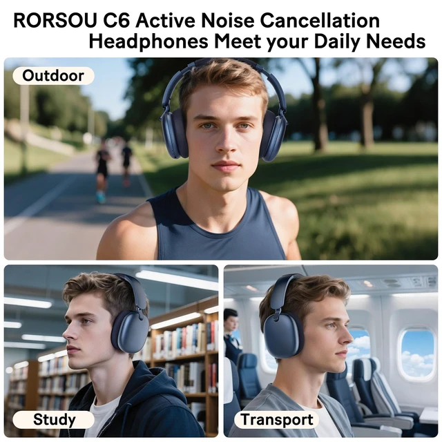 Alt view image 7 of 7 - C6 Active Noise Cancelling Headphones, Wireless Over Ear Bluetooth Headphones, 60H Playtime, Lightweight Folding Comfort Fit Ear Cups Headset with Mic for iPad/Travel/PC/Home Blue