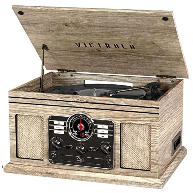 Main image of Quincy - 6-in-1 Bluetooth Record Player - Farmhouse Oatmeal Plays vinyl, CD, cassette and FM radio through built-in stereo speakers, Bluetooth and aux streaming, headphone jack