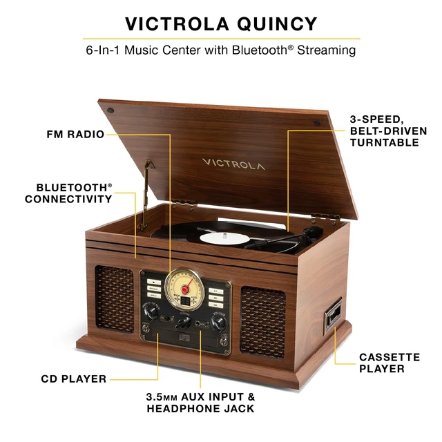 Alt view image 2 of 7 - Quincy - 6-in-1 Bluetooth Record Player - Farmhouse Oatmeal Plays vinyl, CD, cassette and FM radio through built-in stereo speakers, Bluetooth and aux streaming, headphone jack