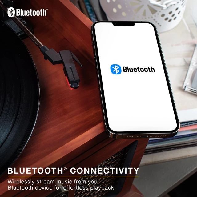 Alt view image 3 of 7 - Quincy - 6-in-1 Bluetooth Record Player - Farmhouse Oatmeal Plays vinyl, CD, cassette and FM radio through built-in stereo speakers, Bluetooth and aux streaming, headphone jack