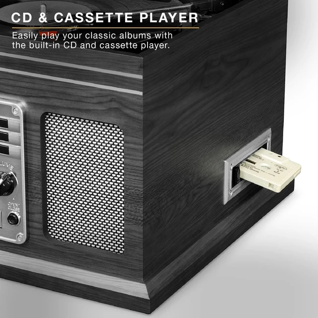 Alt view image 7 of 7 - Quincy - 6-in-1 Bluetooth Record Player - Farmhouse Oatmeal Plays vinyl, CD, cassette and FM radio through built-in stereo speakers, Bluetooth and aux streaming, headphone jack