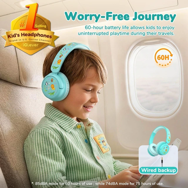 Alt view image 2 of 7 - BTH22 Kids Bluetooth Headphones for Toddler Travel, 60H Play Time SafeSound Tech3.0, Stereo Sound, USB C Fast Charging, AUX Cable, Kids Wireless Headphones for Girls/Boys/Tablet/PC/School