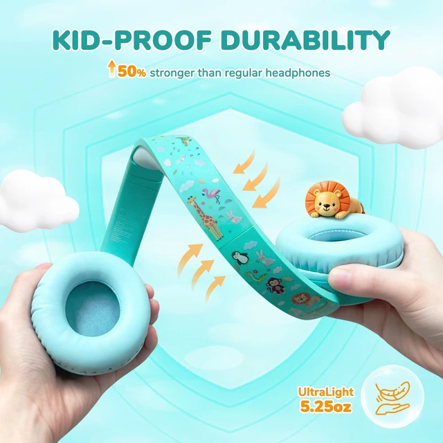 Alt view image 4 of 7 - BTH22 Kids Bluetooth Headphones for Toddler Travel, 60H Play Time SafeSound Tech3.0, Stereo Sound, USB C Fast Charging, AUX Cable, Kids Wireless Headphones for Girls/Boys/Tablet/PC/School