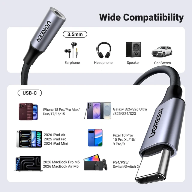 Alt view image 7 of 7 - 2 Pack USB C to 3.5mm Audio Adapter Type C to Aux 24bit/96kHz, Grey HiFi DAC, USB-C to Headphone Jack Dongle Cable Compatible with iPhone 18 17 Pro Max/17 Plus, iPad, Galaxy S26 Ultra, Pixel 10