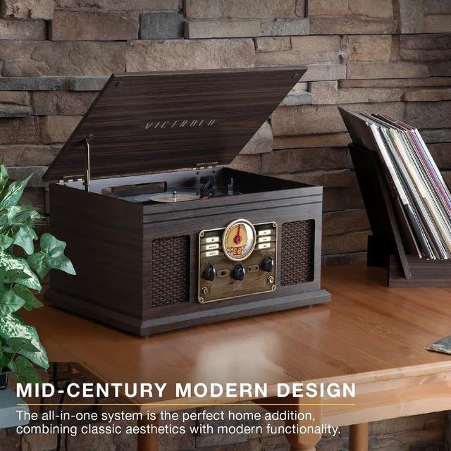 Alt view image 5 of 7 - Quincy - 6-in-1 Bluetooth Record Player - Farmhouse Oatmeal Plays vinyl, CD, cassette and FM radio through built-in stereo speakers, Bluetooth and aux streaming, headphone jack