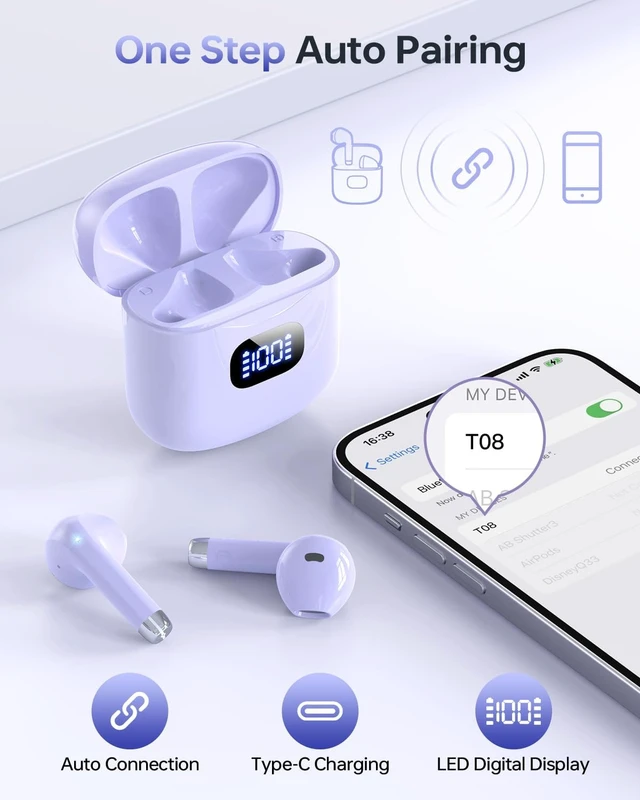 Alt view image 2 of 7 - Wireless Earbuds Bluetooth 5.3 Ear Buds Headphones, 40Hrs Playback Stereo Sound, LED Display, IPX7 Waterproof, Compact In-ear Earphones with Mic for Phone Tablet Laptop Sport, Orchid