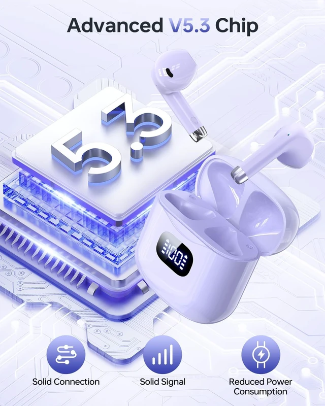 Alt view image 6 of 7 - Wireless Earbuds Bluetooth 5.3 Ear Buds Headphones, 40Hrs Playback Stereo Sound, LED Display, IPX7 Waterproof, Compact In-ear Earphones with Mic for Phone Tablet Laptop Sport, Orchid