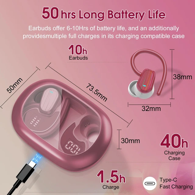 Alt view image 6 of 7 - Wireless Earbuds Bluetooth 5.4, 50H Playtime Sport Earphones with Earhooks HiFi Stereo Bluetooth Hearphones with ENC Noise Cancelling Mic, IPX7 Waterproof Over the Ear Buds, Red