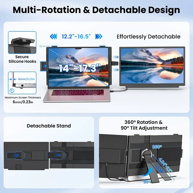 Alt view image 5 of 7 - 15.6" Laptop Screen Extender, FHD 1080P Portable Monitor, Detachable and Plug-Play Travel Laptop Monitor Extender Fit for 14"-17.3" Laptops, Dual Monitor Compatible for Mac/Wins/Dex/Chrome