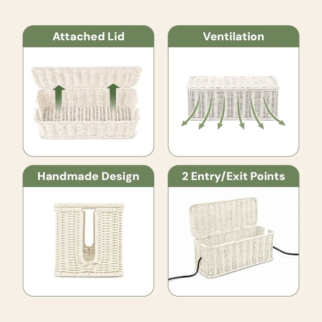 Alt view image 6 of 7 - Cable Management Box, Handmade Rattan Cord Organizer for Power Strip Open Slots Cord Hider for Power Strip, Router & USB Hub, Registered U.S. Design Patent