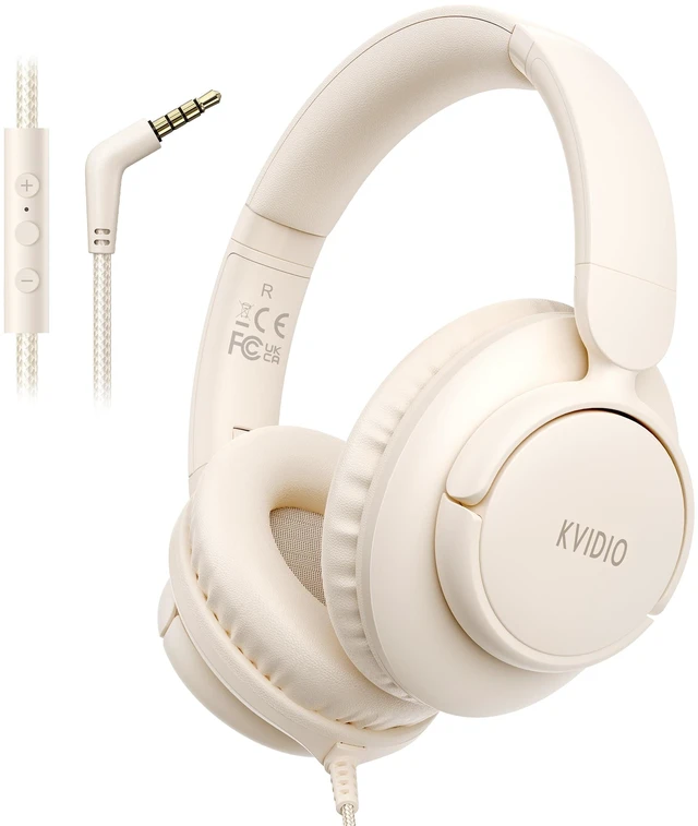Main image of Wired Headphones with Mic,3.5mm Plug Volume Control for School,Beige Corded Over Ear Foldable Headphones Wired for Teens Classroom Travel Airplane, 4.9ft Tangle-Free Cord for Tablet Laptop Phone