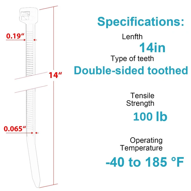 Alt view image 2 of 6 - 14 Inch Zip Ties Double Sided Toothed,100 LBS Tensile Strength Heavy Duty Cable Wire Ties With Self-Locking Adjustable More Durable Nylon Tie Wraps for Indoor Outdoor200 Pack