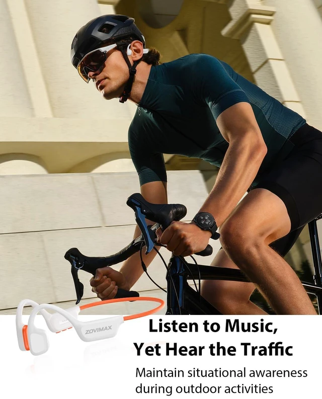 Alt view image 7 of 7 - Bone Conduction Headphones, Swimming Headphones, White-Orange IPX8 Waterproof, Bluetooth+MP3 Mode 8GB Memory, 12 Hours Playtime, Earbuds Secure Fit for Running and Fitness