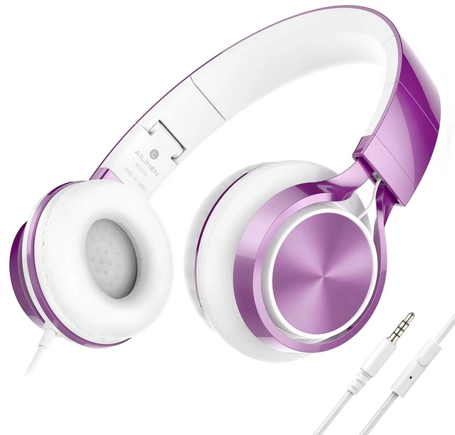 Main image of Kids Headphones for School with Mic Wired, 3.5mm Jack, Purple On-Ear Headsets with Microphone for Chromebook Laptop Computer, Foldable Adjustable Teen Kids, Corded for Classroom Travel