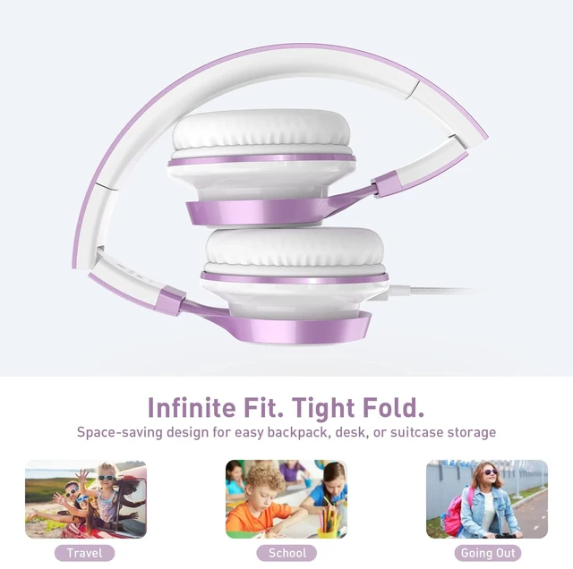Alt view image 4 of 7 - Kids Headphones for School with Mic Wired, 3.5mm Jack, Purple On-Ear Headsets with Microphone for Chromebook Laptop Computer, Foldable Adjustable Teen Kids, Corded for Classroom Travel