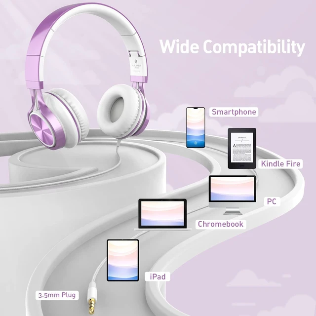 Alt view image 5 of 7 - Kids Headphones for School with Mic Wired, 3.5mm Jack, Purple On-Ear Headsets with Microphone for Chromebook Laptop Computer, Foldable Adjustable Teen Kids, Corded for Classroom Travel