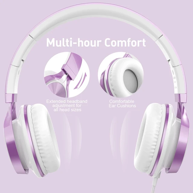 Alt view image 6 of 7 - Kids Headphones for School with Mic Wired, 3.5mm Jack, Purple On-Ear Headsets with Microphone for Chromebook Laptop Computer, Foldable Adjustable Teen Kids, Corded for Classroom Travel