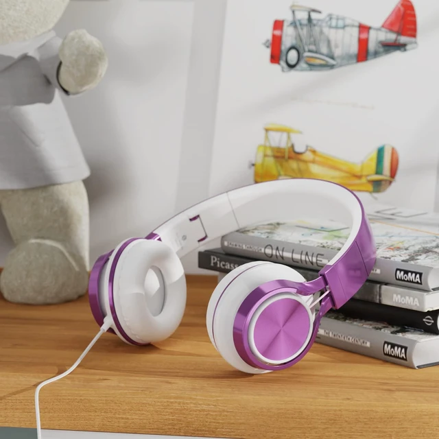 Alt view image 7 of 7 - Kids Headphones for School with Mic Wired, 3.5mm Jack, Purple On-Ear Headsets with Microphone for Chromebook Laptop Computer, Foldable Adjustable Teen Kids, Corded for Classroom Travel