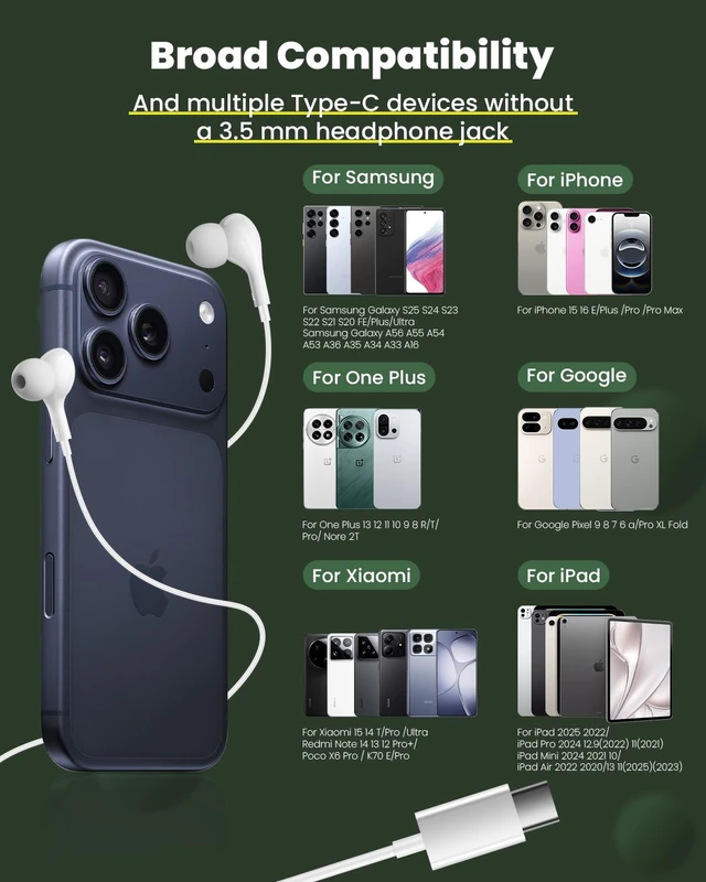Alt view image 5 of 7 - USB C Headphone Wired for iPhone 15 Plus 16 Pro 17 Air 18 Pro Max iPad mini Usbc Headphones Type C for Samsung Galaxy S26 S25 S24 S23 Ultra S22 A57 A56 A16 A17 Earbuds in-Ear with Mic Volume Control