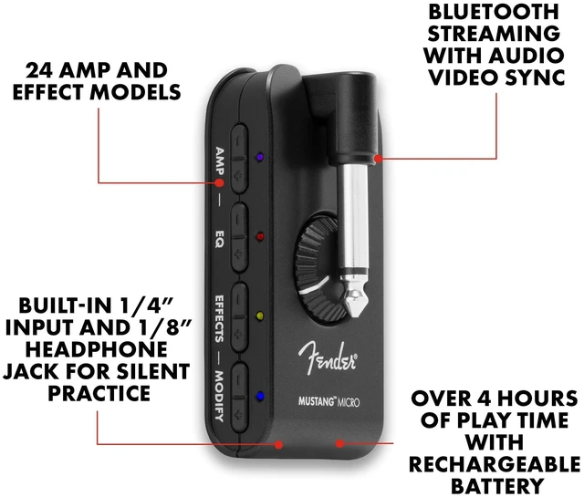 Alt view image 3 of 7 - Mustang Micro Headphone Amplifier, with Silent practice amp, 12 amp models, 12 effects, Bluetooth streaming, USB-C recording, plug-in mini amp for electric guitar