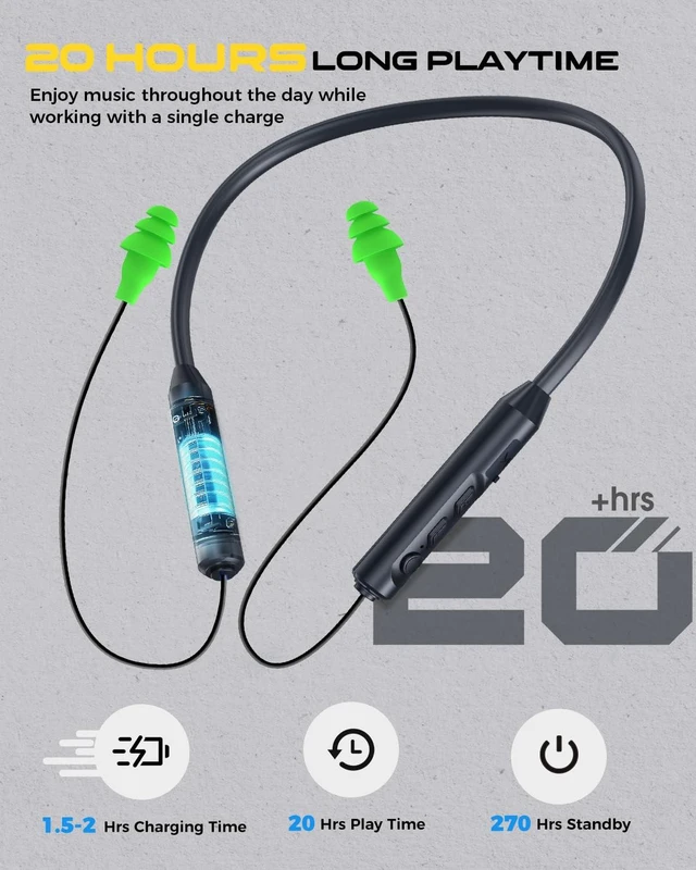 Alt view image 3 of 7 - Work Headphones, Bluetooth Earplug Headphones for Ear Protection OSHA-Compliant Bluetooth Neckband Headphones for Long Shifts,29dB Noise Reduction, 20H+ Battery & IPX6 Sweat Resistant-Green